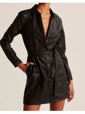 Abercrombie & Fitch Black Vegan Leather Belted Shirt Dress Coat